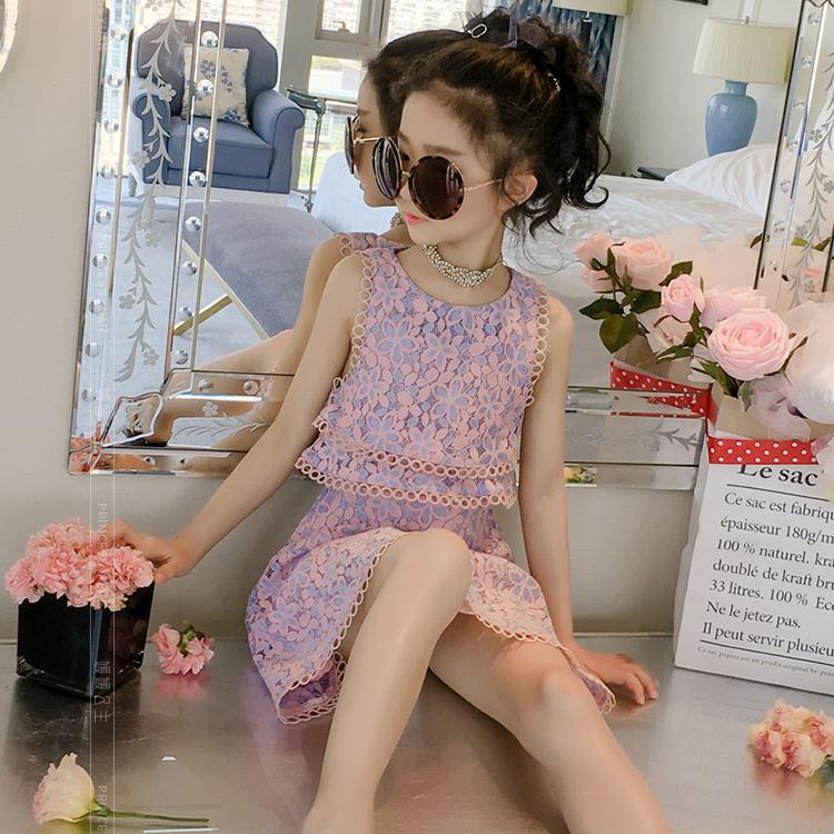 Girls' Dress Summer Broken Flowers Dress Children Net Red Girl Chinese Style Fake Two Pieces of Lace Skirt