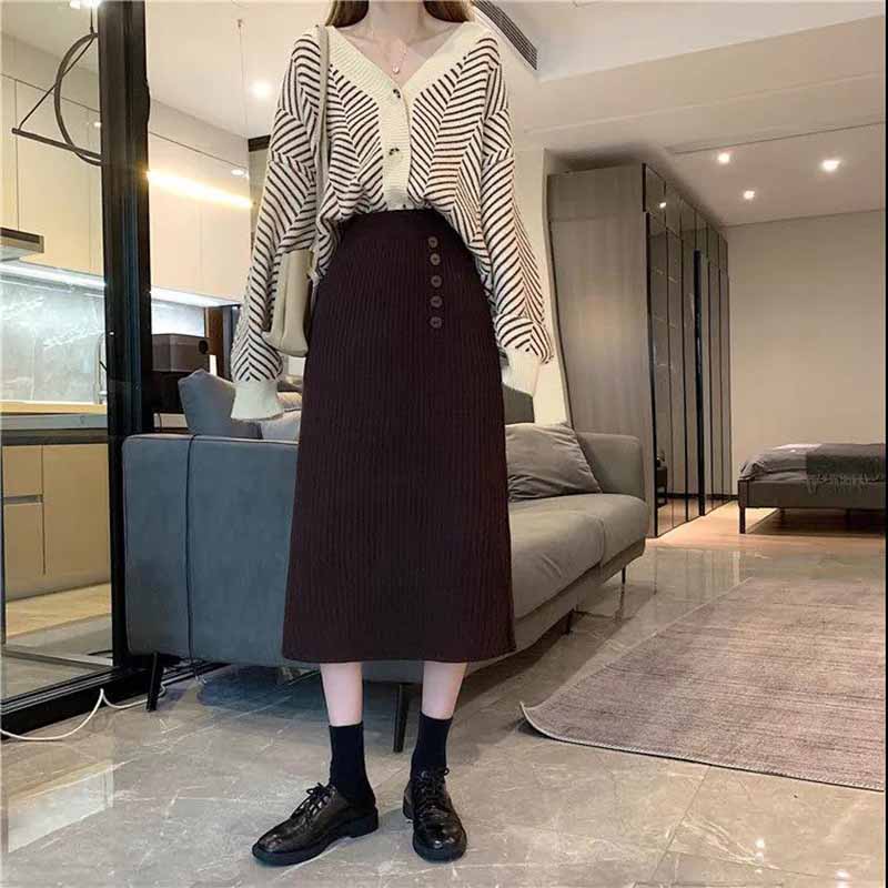 Knitted Half-length Skirt Autumn and Winter Female Korean Temperament Package Hip One-step Skirt Wild High-waisted Thin Mid-length A-line Skirt