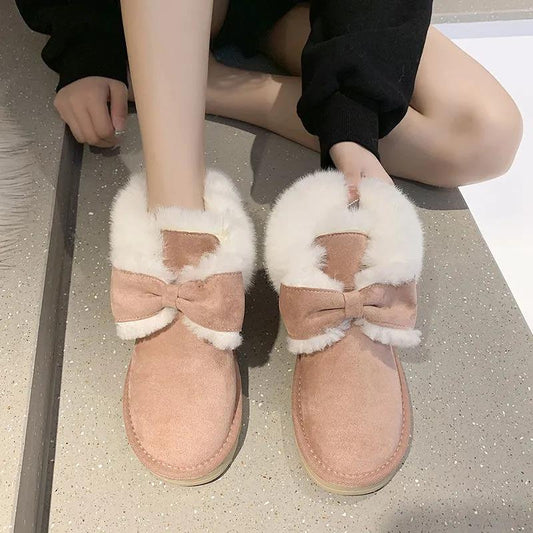Snow Boots Women's Winter Bowknot Students Cute and Velvet To Keep Warm Wearing Thick-soled Non-slip Cotton Shoes