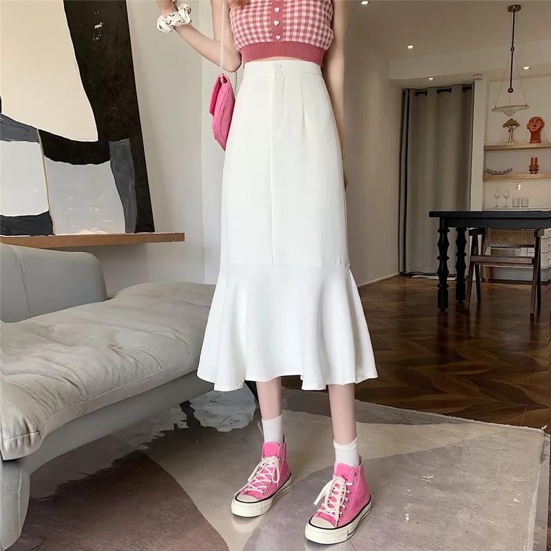 Ruffled Skirt Women's Summer High Waist Slim Mid-length A-line Skirt Solid Color Irregular Edge Fishtail Skirt