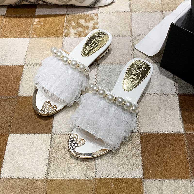 Plus Size 36-40 Summer Women Outdoor Flat Bohemian Beach Flip Flops Wear-resistant Non-slip Office Lady Lace Pearl Sandals