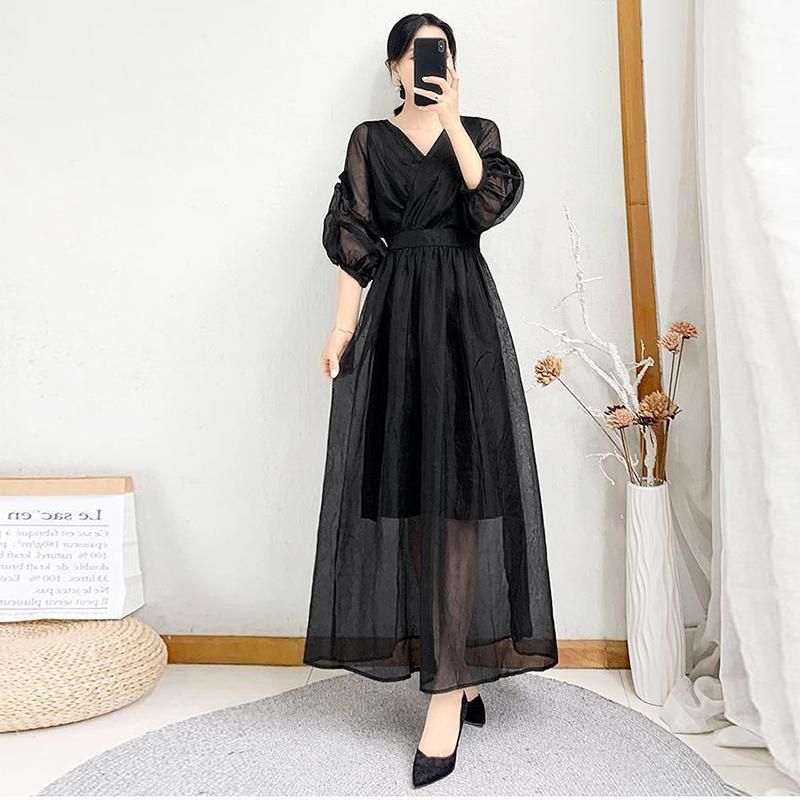 Summer Women Short-sleeved Chiffon Dress V-neck High Waist  Solid Beach Midi Dresses Sexy