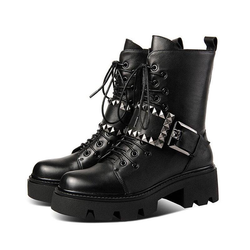 Spring Autumn Thick-soled Round Toe Martin Boots Belt Buckle Short Boots British Shoes Single Boots Motorcycle Shoes