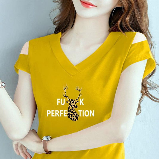 Summer Off-the-shoulder T-shirt Solid Color Short-sleeved T-shirt Women's Leak-shoulder One-word V-neck Top Korean Version Slimming T-shirt