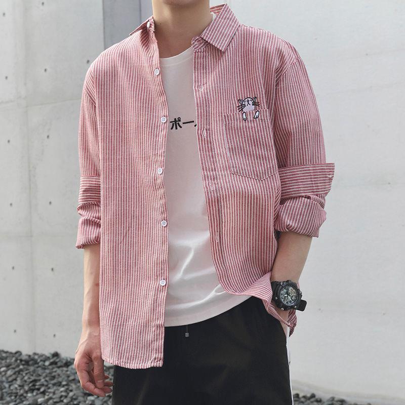 Spring and Autumn Loose Men's Long-sleeved Striped Thin Shirt