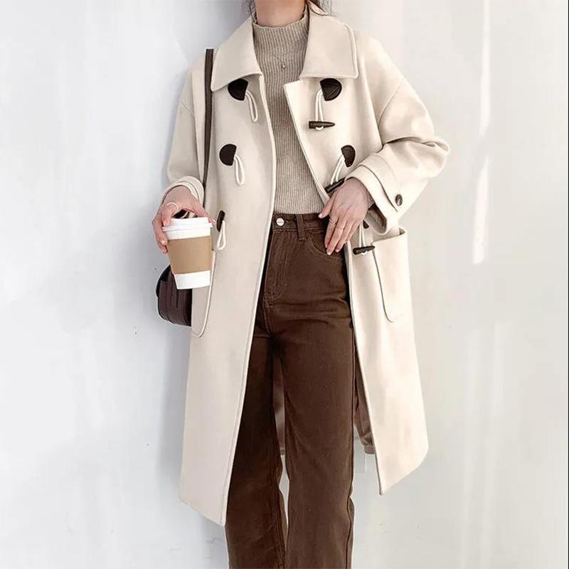 Retro Horn Button Woolen Coat Women's Mid-length 2021 Autumn and Winter Korean Style Thick Woolen Coat