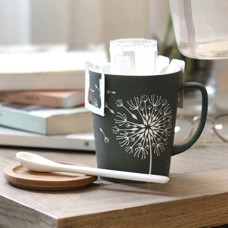 520ml Leaf Pattern Ceramic Coffee Mug with Lid Spoon Large Capacity Frosted Water Cup Office Coffee Tea Cup Kitchen Utensils