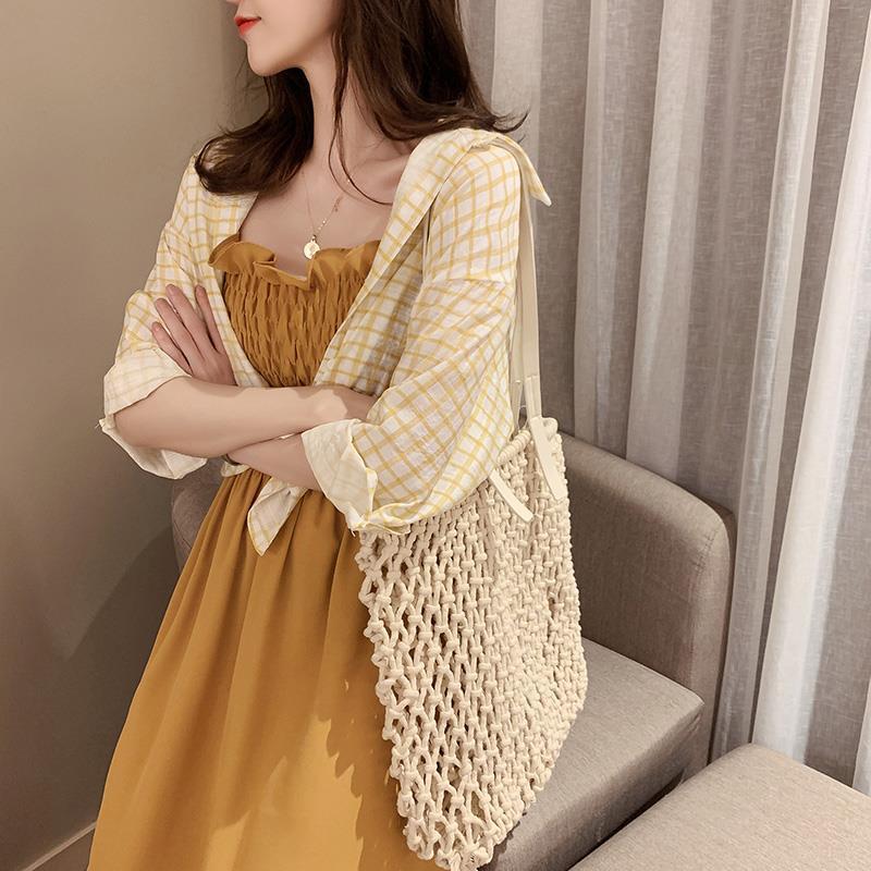 Women Plus Size Set Summer Long-sleeve Irregular Plaid Shirt Strap Dress