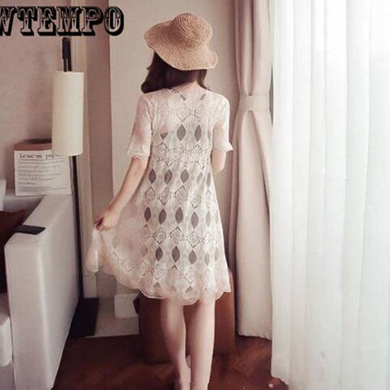 Summer Slim Dress Large Size Women's Fat Woman Lace Hollow Out Sexy Women Lace 2 Piece Beach Dress