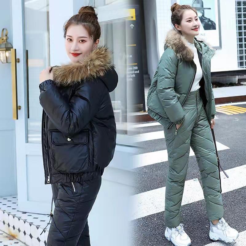 Women Winter Short Hooded Glossy Windproof Waterproof Coat Two Pieces Suit Puffer Jacket Cotton Padded Wadded Warm Outwear