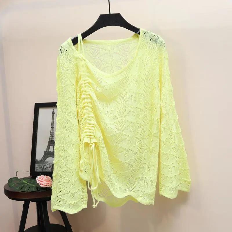 Hollow Knit Top Women Lazy Wind Side Drawstring Long Sleeve Pullover Short Outer Sunscreen Hollow Crochet Knit Blouse Hollow Style