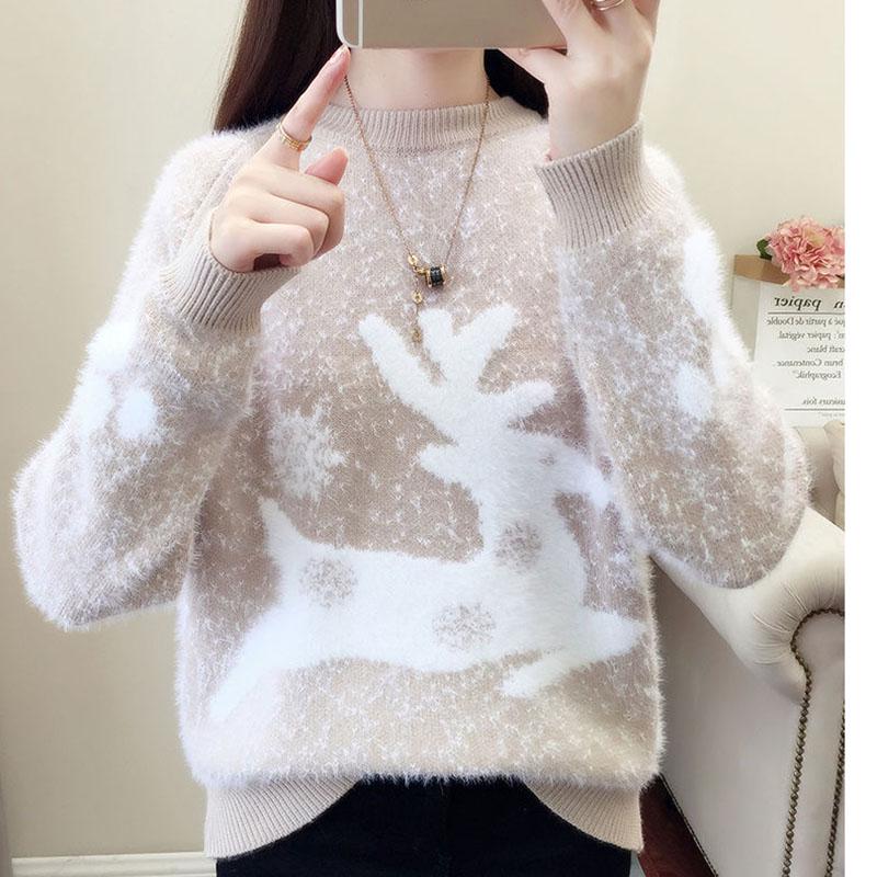 Autumn and Winter Pullover Sweater Thick Knit Sweater Elk Pattern Young Women Bottoming Shirt