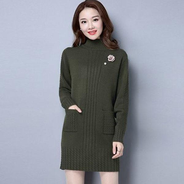 Mid-length Loose Dress In Autumn and Winter Casual Knitted Pullover Base Skirt Half-high Collar Thickened Female Sweater Dress