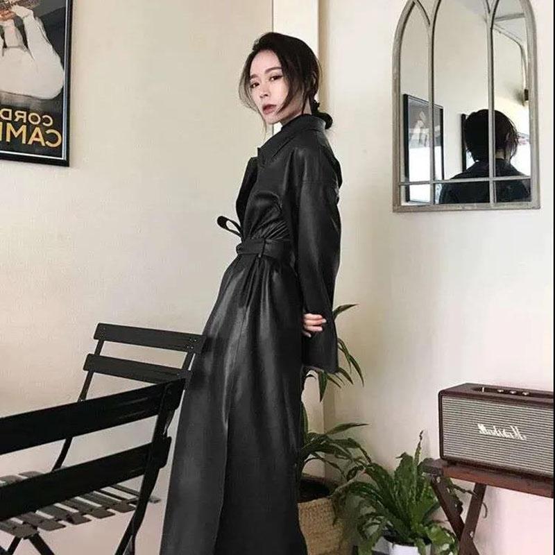 PU Leather Jacket Women Winter Korean Slim Slimming Leather Jacket Knee-length Loose Mid-length Leather Coat