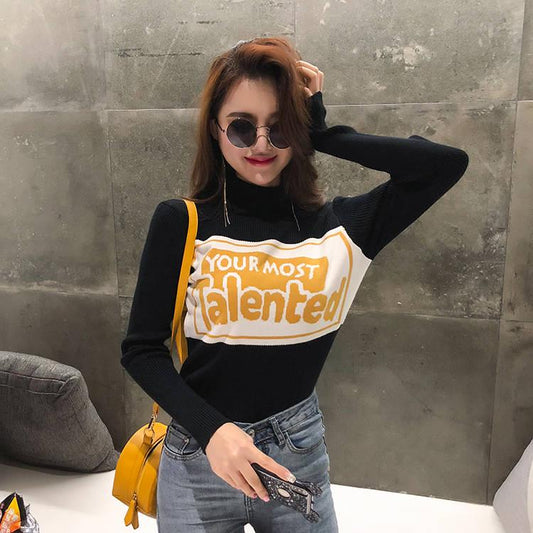 Pofulove Colorblock Lettering Turtleneck Sweater Hong Kong Style Retro Bottoming Slim Fit