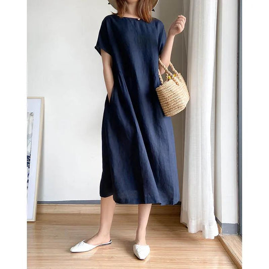 Ladies Summer Casual Slim Cotton Dress Mid-length Slim Fit A-line Short Sleeve O-neck High Waist