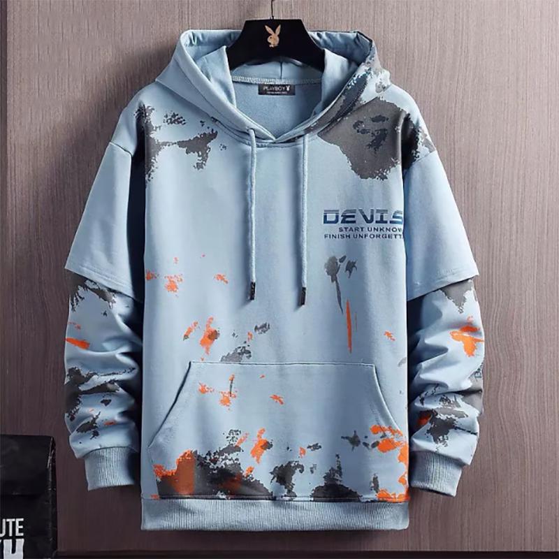 Men's Hooded Sweaters Fall and Winter Loose Warmth Printing Fake Two-piece Long-sleeved Sweaters