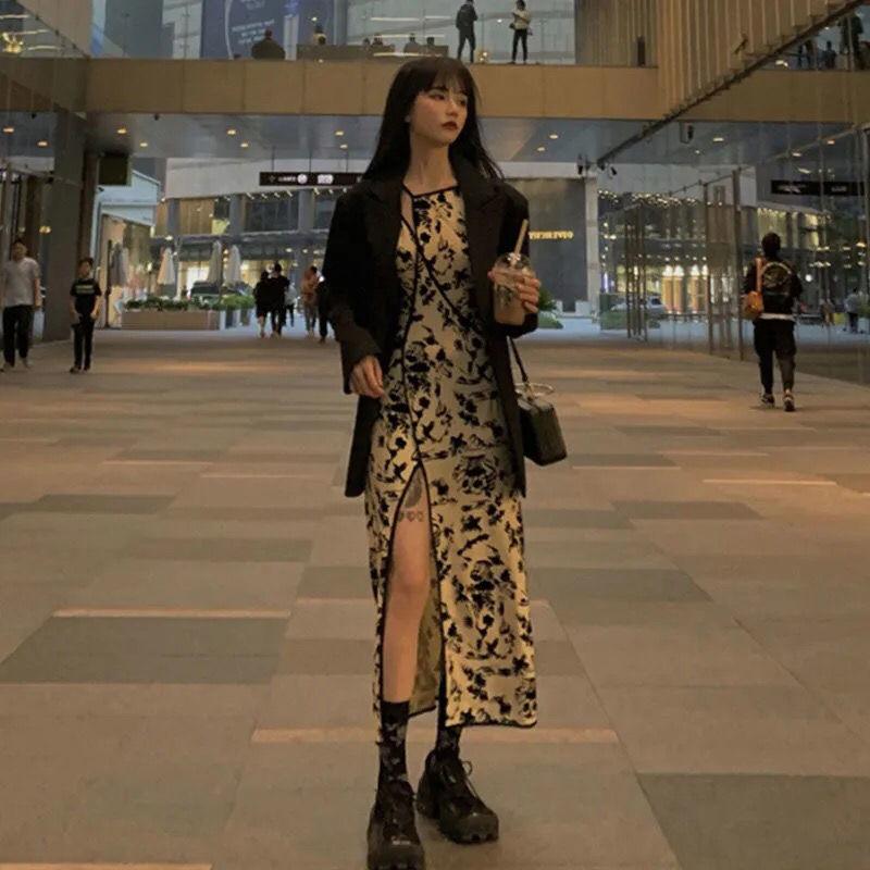 Spring Summer Sleeveless Split Dress French Niche Strap Temperament Retro Improved Cheongsam Dress