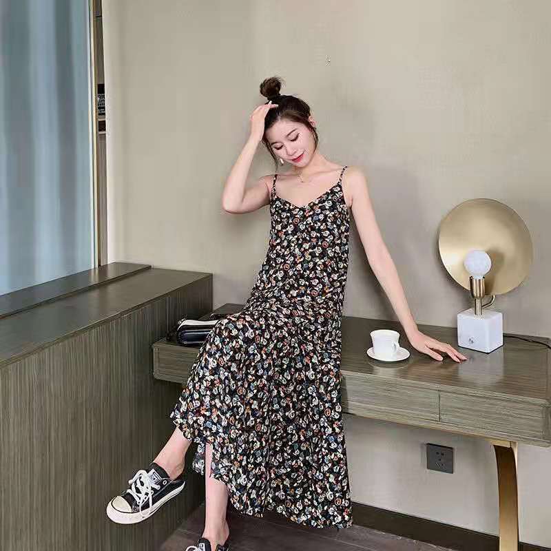 Floral Sling Skirt Cute Sweet Girl V-neck Mid-length Dress Sleeveless