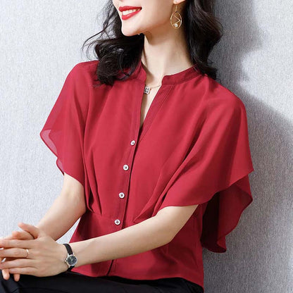 Chiffon Shirts Short Sleeve Women's Blouses Summer Slim Waist Short Blouse V-neck Buttons Trumpet Sleeves Temperament Tops Casual All Match Female Top