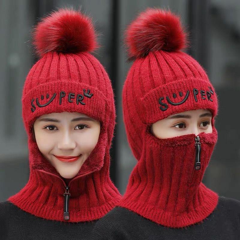 Zipper Hat Autumn and Winter Knitted Ear Protection Woolen Cap Mask Warmth and Velvet Thickening All-match Cycling Hood