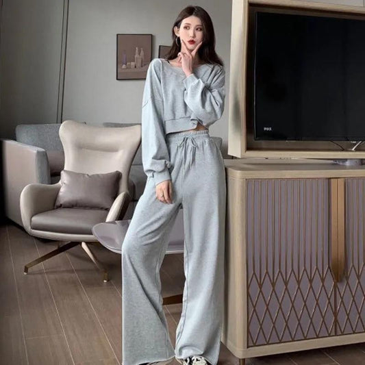 2PCS Women's Spring and Autumn Casual Sweater + High Waist Wide Leg Pants Loose and Thin Two-piece Girls Sports Suit Fitness Athletic Jogging Suits