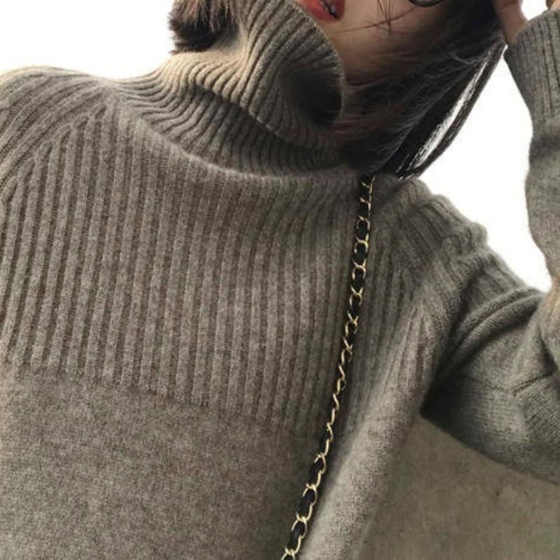 Pofulove Autumn Winter Base Shirt Sweater Turtleneck Loose Large Size Thick Solid Color Wild Women