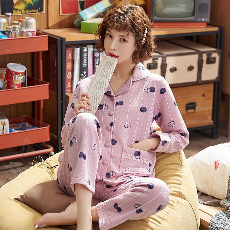 Pajamas Set Laminated Cotton Pajamas Women's Thin Quilted Thickened Large Size Air Cotton Warm Pajamas Home Service Suits Are Soft and Warm