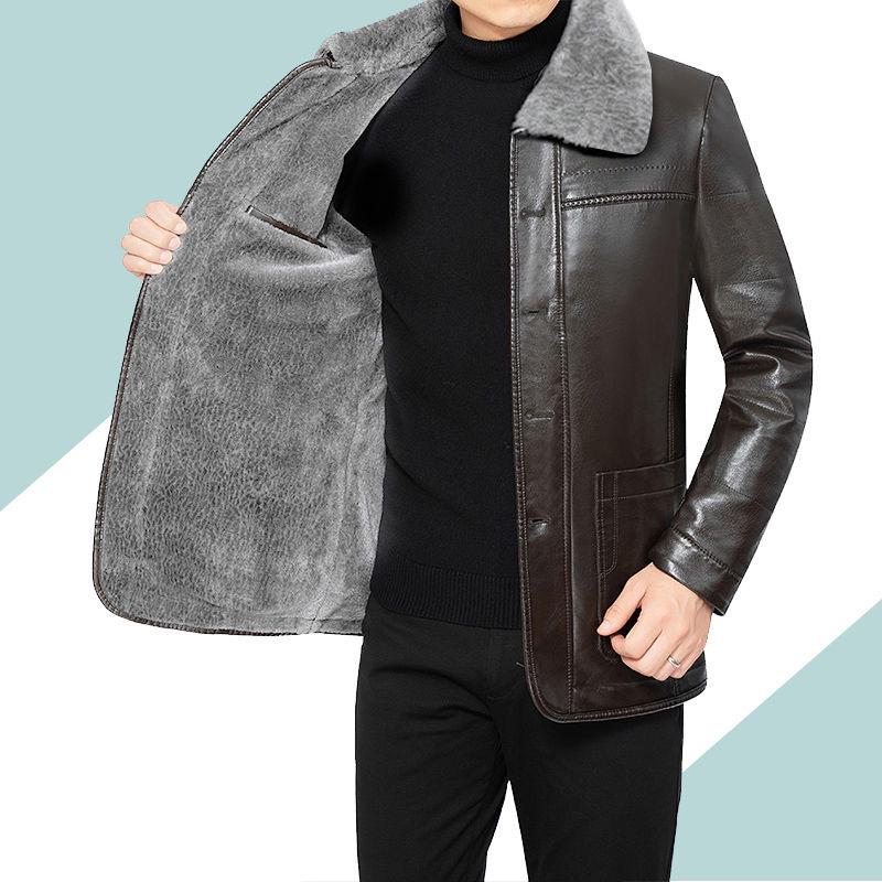 Large size long-sleeved leather jacket leather men's fur all-in-one plus velvet thick men's jacket