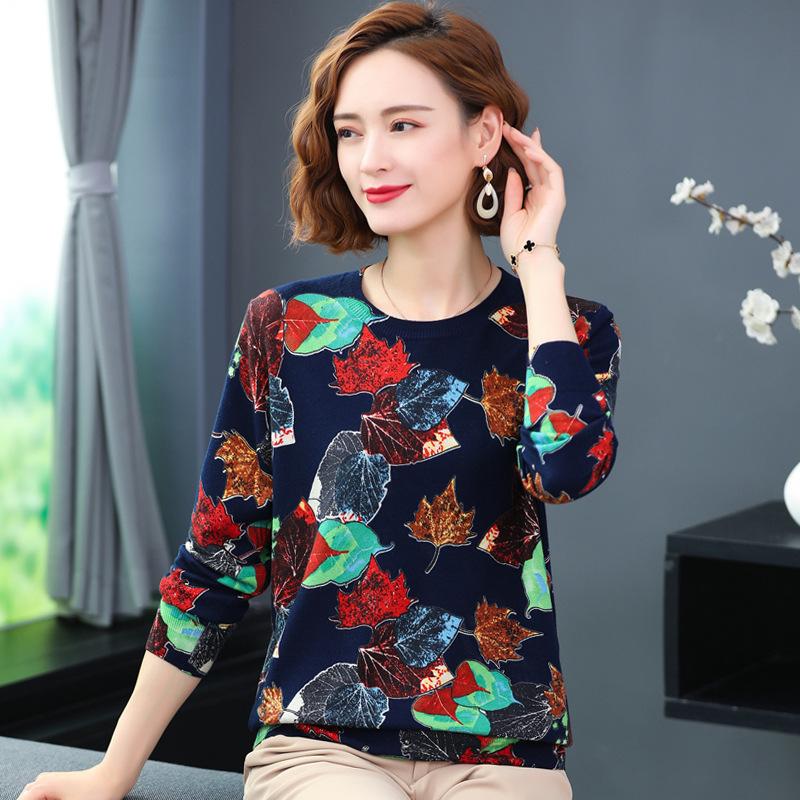 Autumn Women's Printed Thin Sweater Round Neck Pullover Long Sleeve Sweater Fashion Plus Size Sweater