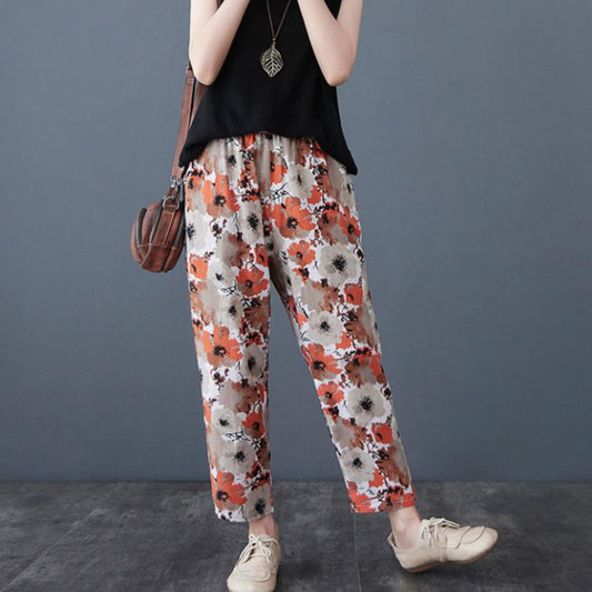 Summer Cotton Retro Print Ethnic Casual Pants Cropped Pants Plus Size All-match Harem Pants Thin Women's Pants