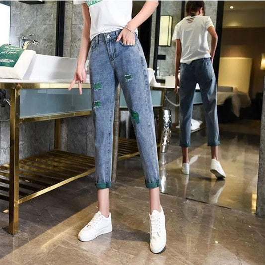 Women's High Waist Ripped Jeans Spring and Summer Thin and Loose Harem Radish Pants Straight Nine Points Dad Pants