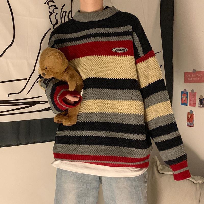 Autumn  Winter Retro Casual Color Striped Sweater Female Student Loose Fashion Round Neck Long Sleeve Sweater Coat