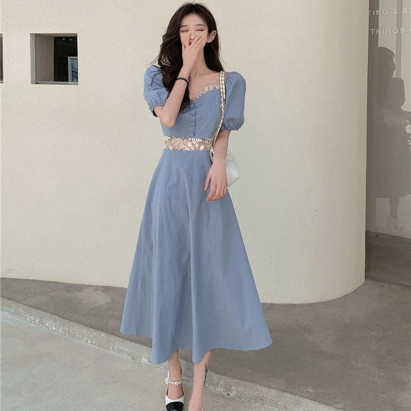 Women's Summer Solid Color Dress Square Neck Puff Sleeves Slim Over Knee Midi Dress