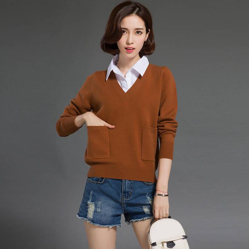 Fake Two-piece Sweater Tops Women's Lapel Pullover Sweater Outer Wear all-mach Loose Short Thick Knitted Sweater OL Style Office Ladies Workwear