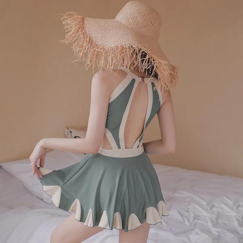 Swimsuit Women's One-Piece Skirt Covering Belly Thin and Small Breasts Gathering Korean One-piece Skirt Ladies Swimsuit Sexy and Sweet