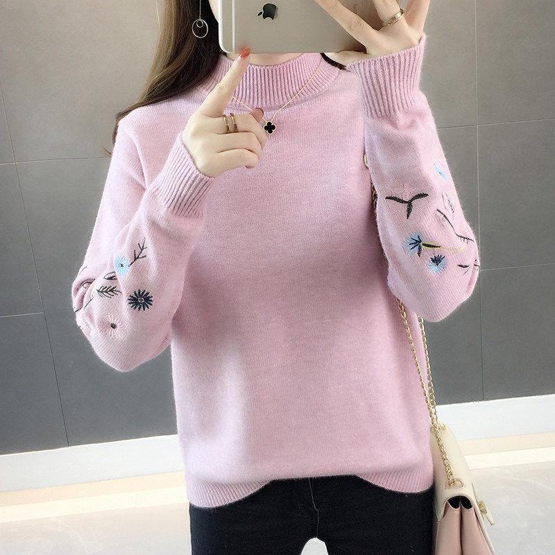 Pofulove Women's pullover top Embroidered half turtleneck sweater loose large size bottoming shirt long sleeve sweater winter
