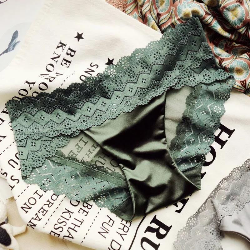 Satin Women's Panties Retro Hollow Transparent Lace Seamless Waist Bag Hip Briefs