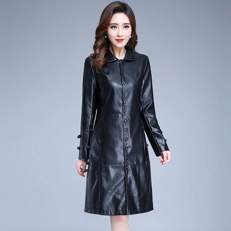 Women's Leather Jacket Mid-length Autumn and Winter Slim Waist Windproof Jackets Female PU Leather Korean Style Turndown Collar Windbreaker