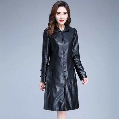 Women's Leather Jacket Mid-length Autumn and Winter Slim Waist Windproof Jackets Female PU Leather Korean Style Turndown Collar Windbreaker