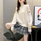 Off-the-shoulder Two-wear Pullover Solid Color Loose Knit Sweater Women's College Style Round Neck Top