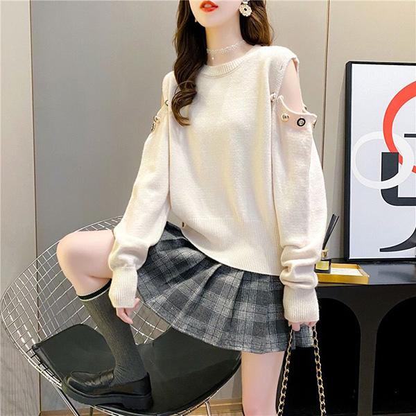 Off-the-shoulder Two-wear Pullover Solid Color Loose Knit Sweater Women's College Style Round Neck Top