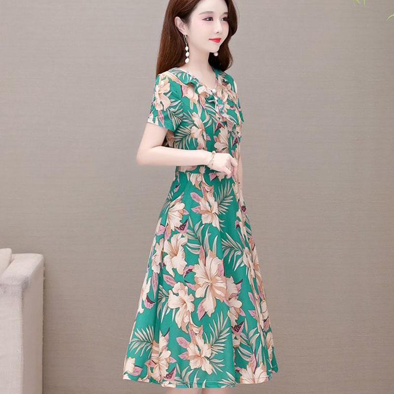 Women's Summer Print Dress Large Size Loose Round Neck A-Line Skirt