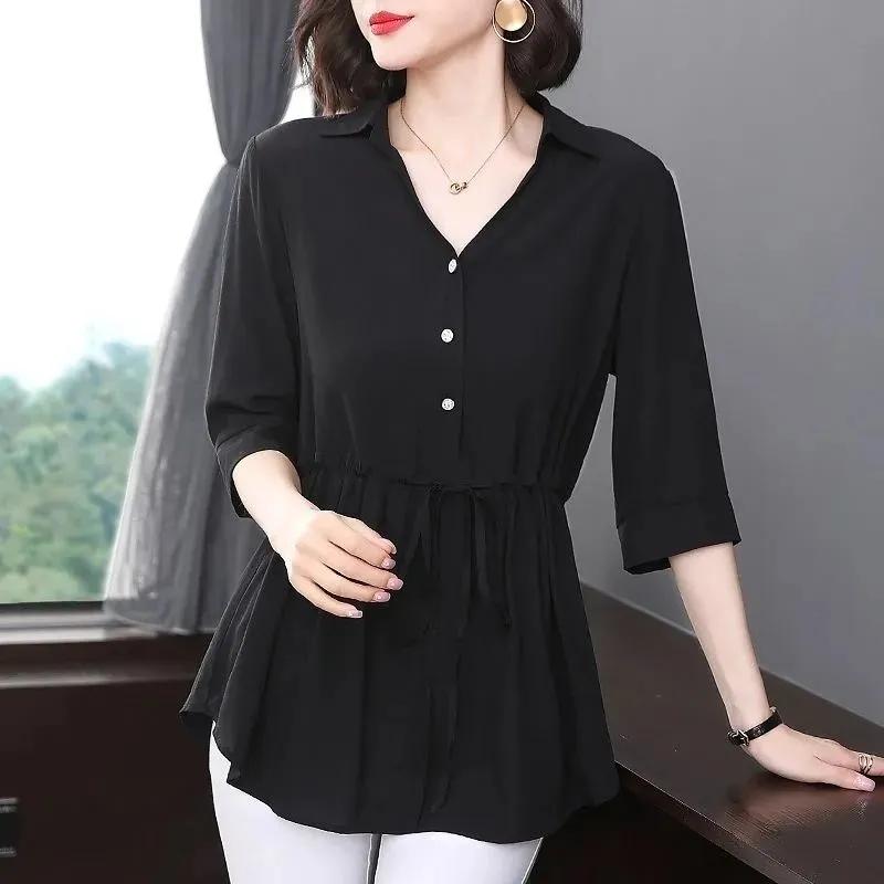 Short-sleeved Chiffon Shirt Women's Mid-sleeve Summer Loose Belly Cover Waist Top Solid Color V-neck Large Size Mid-length Thin Blouses Drawstring Top