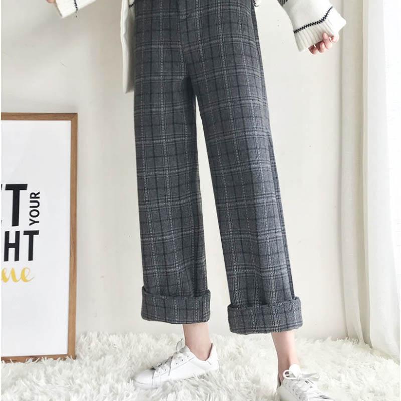 Wide-leg Pants Female Winter Korean Student Woolen Plaid Woolen Casual High-waist Drape and Thin Straight Nine-point Pants