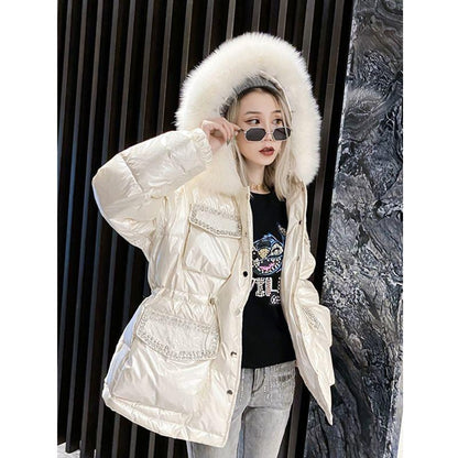 Glossy Laser Down Padded Jacket Women Winter Slim Coat with Large Fur Collar Waist
