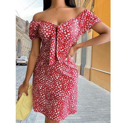 Summer Print Dress Women's Fashion V-neck Backless Lace-up Casual Dress