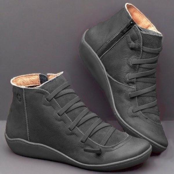 Women Casual PU Leather Ankle Boots Winter Warm Fur Lace Up Punk Boots