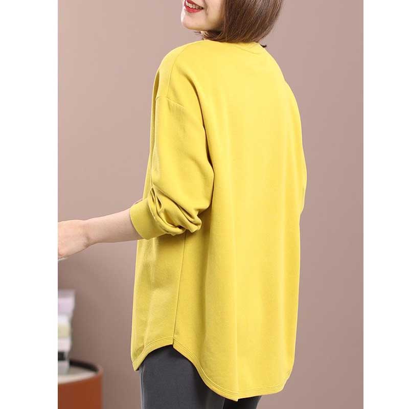 Spring and Autumn Cotton Loose Large Size Casual Solid Color Round Neck Bottoming Shirt Women's Long-sleeved T-shirt