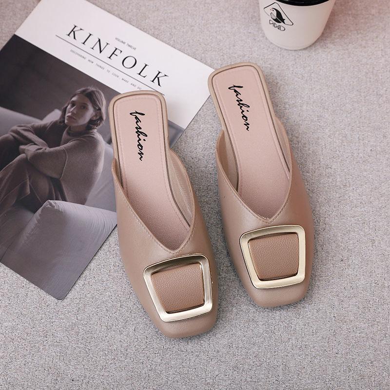 Slippers Sandals Women's Outer Wear Baotou Half Slippers Non-slip All-match Sandals and Slippers Square Head Thick Heel Sandals